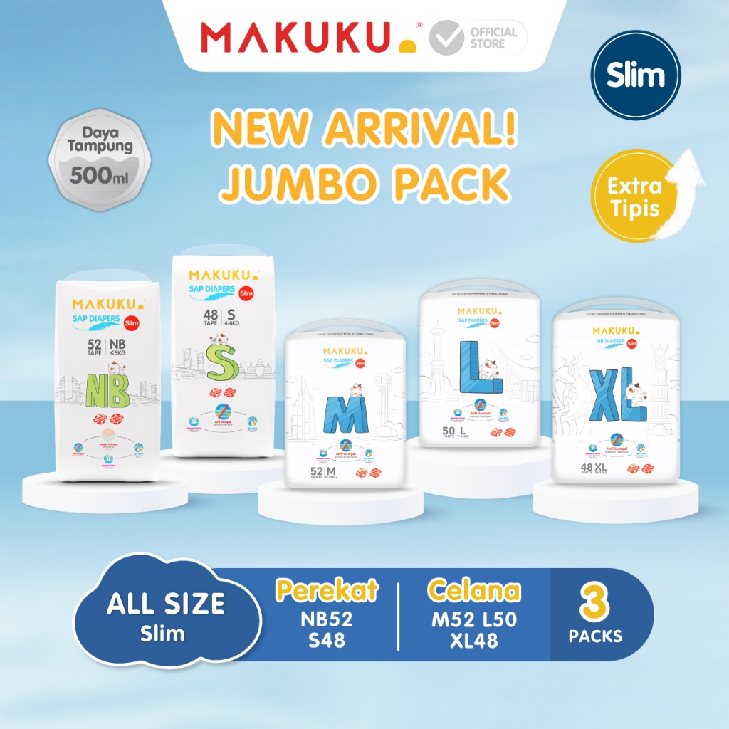 [3 PACK] MAKUKU SAP Diapers Slim JUMBO / Popok bayi Tipis SAP anti gumpal cepat kering sekali pakai tipe / NB52/S48/M52/L50/XL48/ perlengkapan bayi baru lahir / Popok Newborn