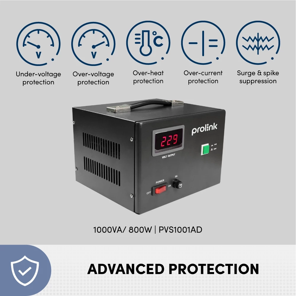 Prolink Stabilizer AVR Servo Motor Controlled 1000VA PVS1001AD Garansi 12 Bulan Output 110VAC/230VAC - Gambar 2