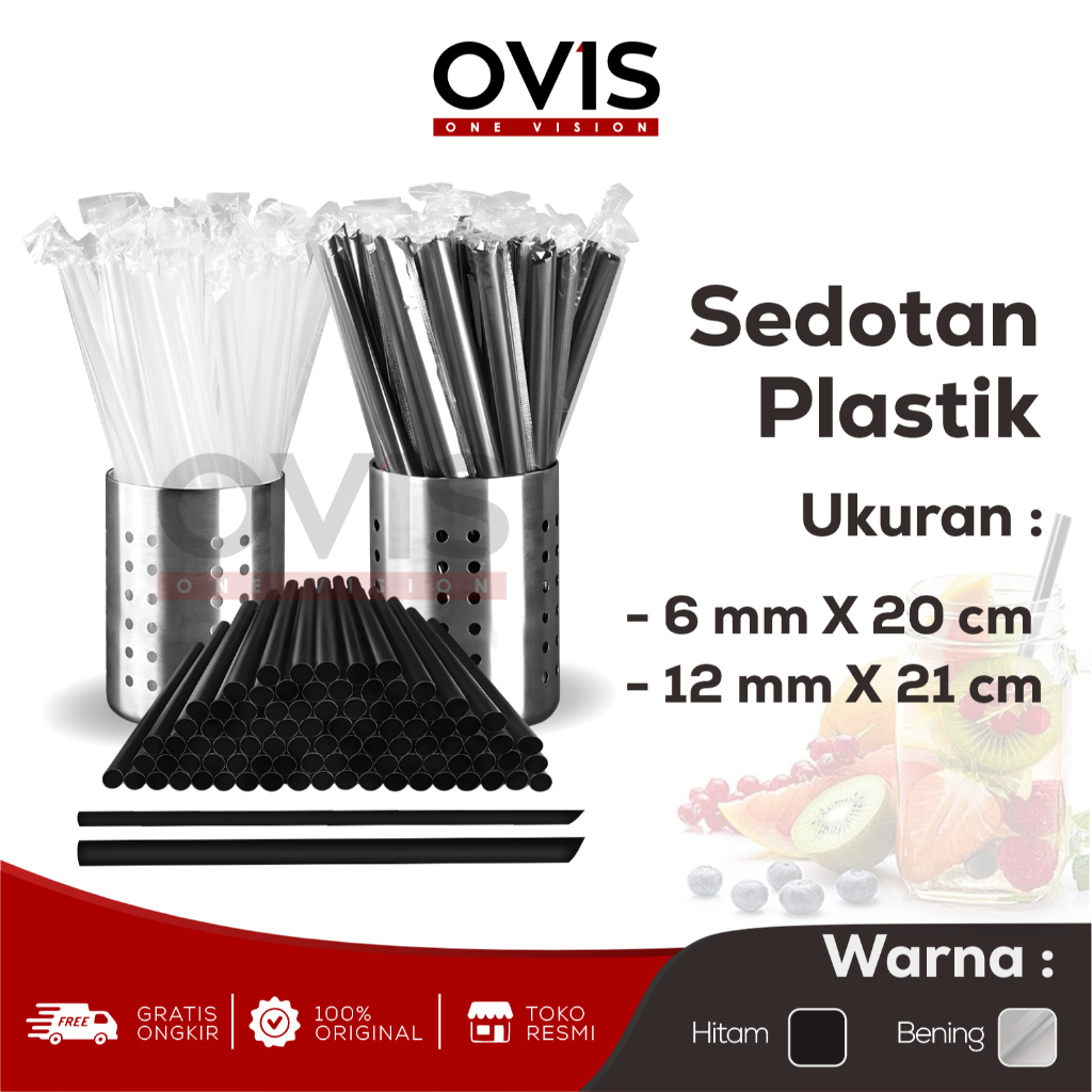 Sedotan Plastik Steril Lancip Hitam Bening Straw Kopi 6 mm x 20 cm 12 mm x 21 cm