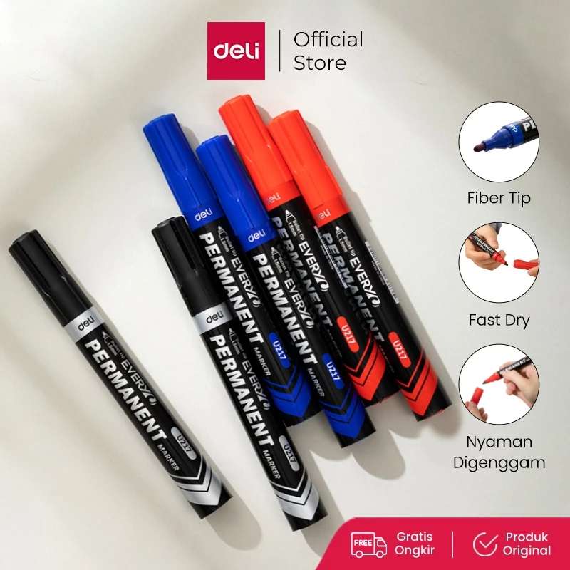 Deli Spidol Permanen / Permanent Marker Warna HITAM BIRU MERAH Terang Cepat Kering EU217
