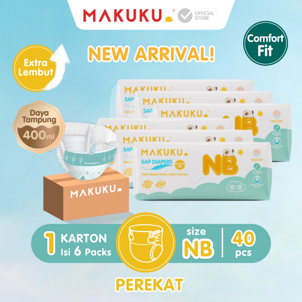 [6 PACK KARTON] MAKUKU SAP Diapers Comfort Fit Tape NB40 Popok Bayi Anti Gumpal Extra Dry