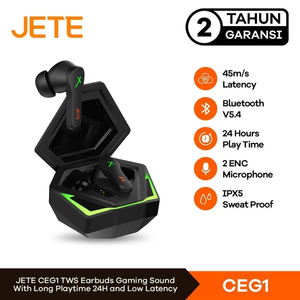 TWS Gaming JETE CEG1 Low Latency 45m/s with LED Light - Garamsi 2 Tahun