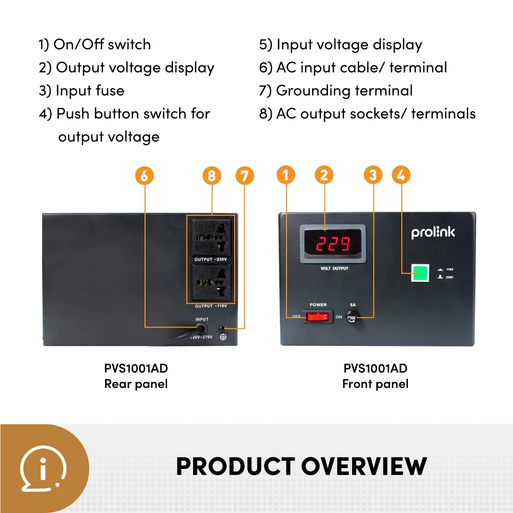 Prolink Stabilizer AVR Servo Motor Controlled 1000VA PVS1001AD Garansi 12 Bulan Output 110VAC/230VAC - Gambar 3