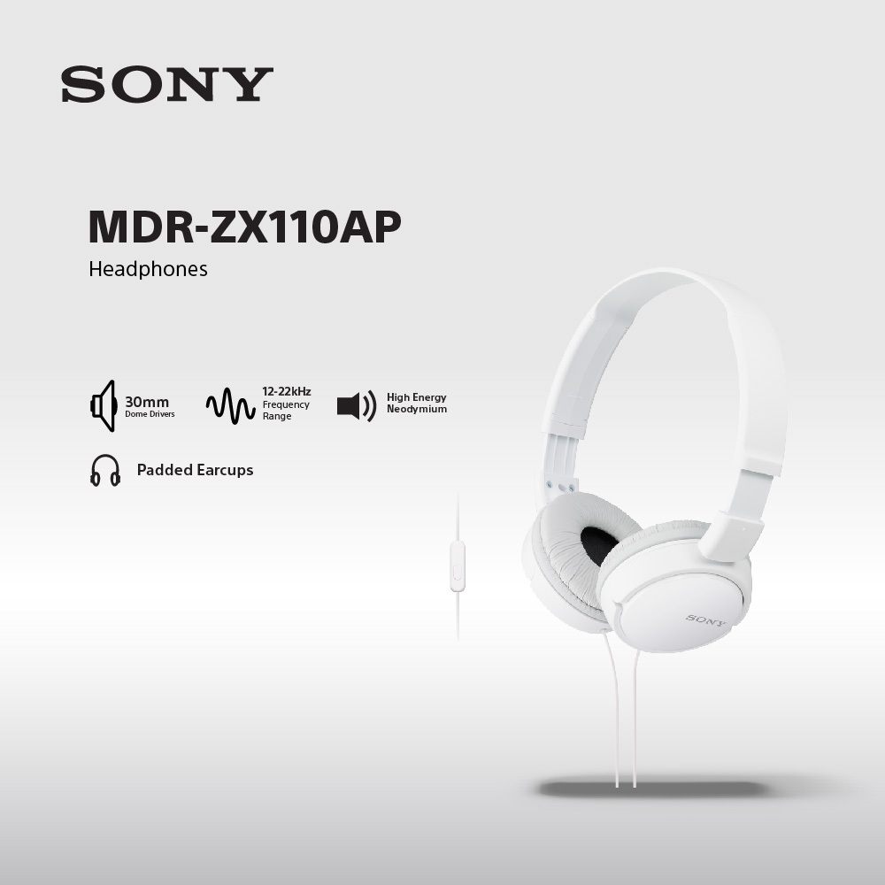 Headphone Sony MDR-ZX110AP Headset Mass Model Overbands With Microphone - White SONY Earphone Original - Gambar 2