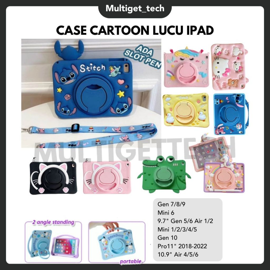 Case Anak Ipad pro 11 2018/2020 Air 4 5 Ipad 7th 8th 9th 10.2 Gen 4 5 9.7 Inch Mini 1 2 3 4 5 6 7 Rotary 360 Stand Plus dengan motif Karakter Duck Hello Kitty Astronot Unicorn Pochacco Stich Cat Ear Bonus Tali Slempang Anak Anak Shockproof