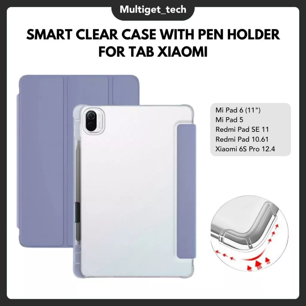 Smart Clear Case With Pen Holder for Tab Xiaomi Redmi Pad 2 11" / Pad SE 11" Mi Pad 6/ 5 /Pad 10.61"/ 6S Pro /Pad SE 8.7/Mi Pad Pro 12.1" / Poco Pad Pro 12.1" Multi Color Multi Angle Stand Tablet Anti Crack ShockProof