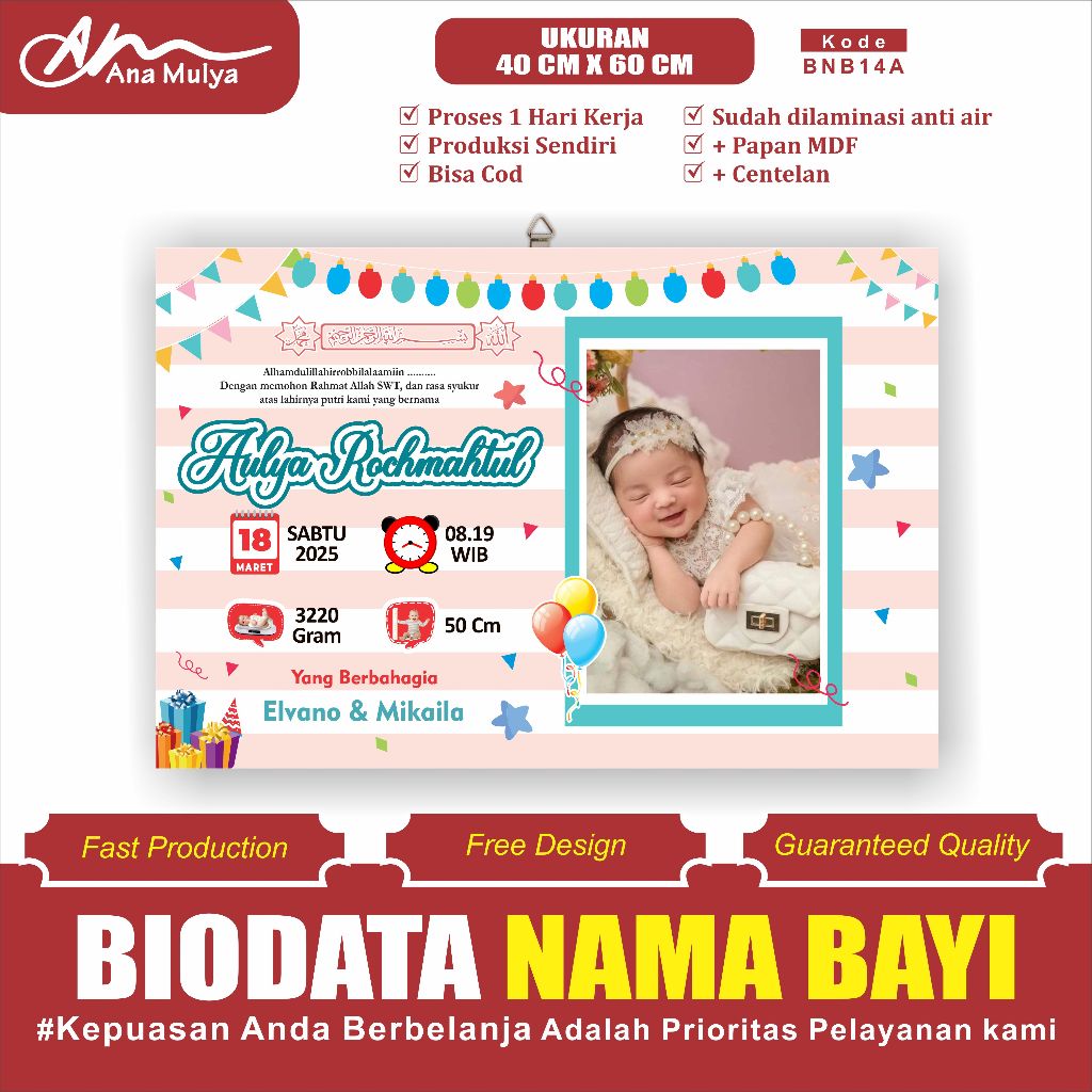 Baby Birth Biodata + Frame Size 16 RS 40 CM X 60 CM ANA MULYA BNB14 ...