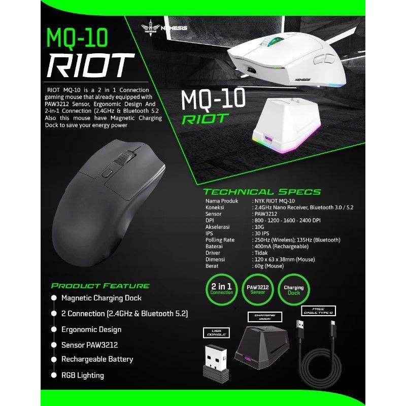 NYK Nemesis Riot MQ10 / MQ-10 Mouse Wireless Dual Mode Rechargeable Battery with Docking Charging - Gambar 4