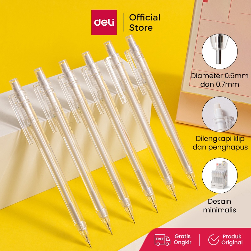 Deli Pensil Mekanik / Mechanical Pencil Transparan 0.5mm 0.7mm Klip Pena dan Penghapus SH12