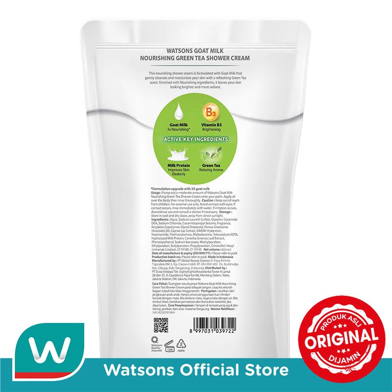 Watsons Goat Milk Nourishing Green Tea Shower Cream Pouch 800ml - Gambar 3