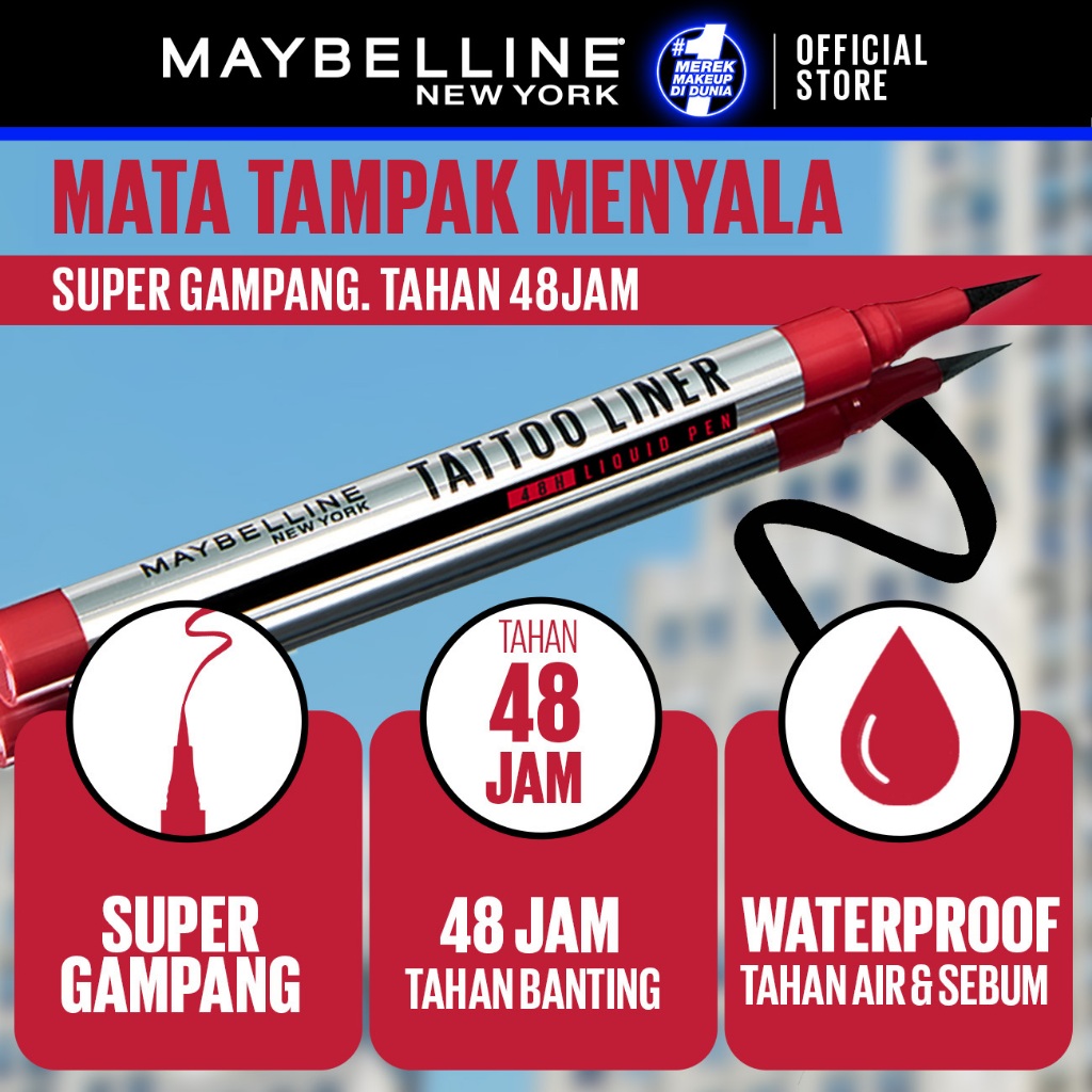 MAYBELLINE OFFICIAL Tattoo Liner 48H Liquid Pen Eyeliner Waterproof Make up Line Tattoo High Impact Tahan Lama 48 Jam Hitam Superstay Matte Vinyl Ink - Gambar 4