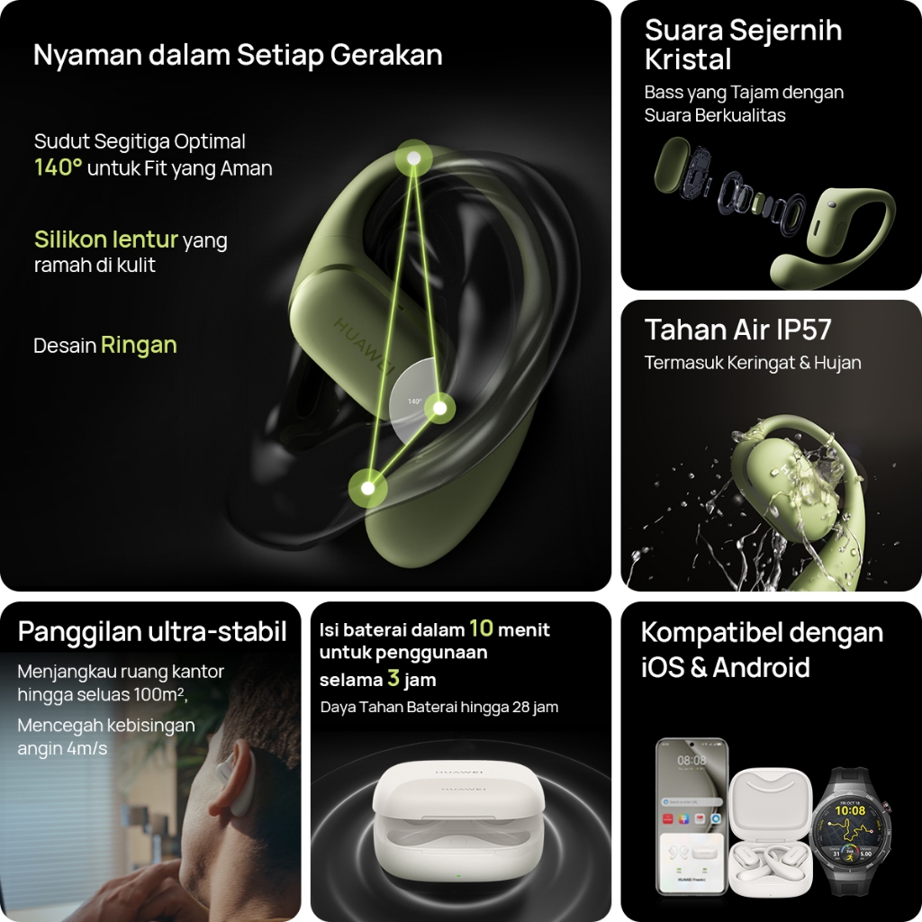 [8.8 s/d 20%*] HUAWEI FreeArc TWS Earphone / Earphone Olahraga Nyaman dengan Suara Sejernih Kristal / Tahan Air IP57 - Gambar 2