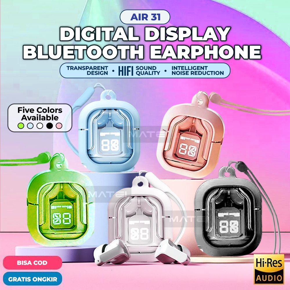 Matei Headset Bluetooth Wireless AIR31 Earphone In Ear Noise-Cancelling Bluetooth Bass stereo HiFi LED Display Headphone