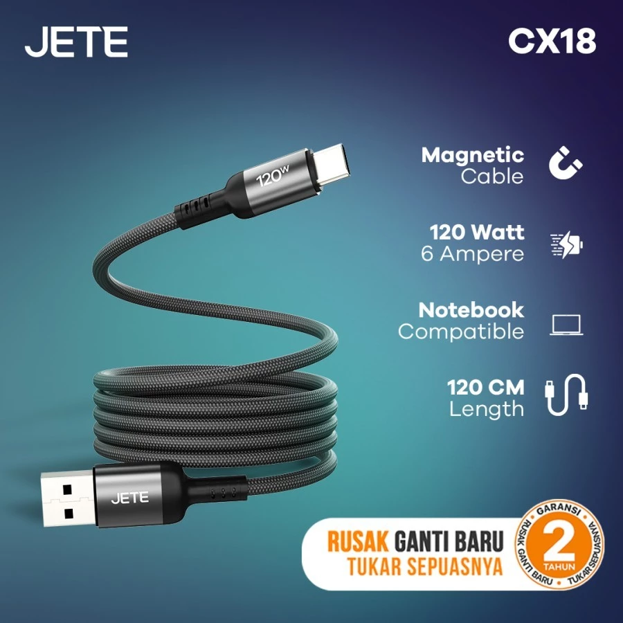 Kabel Data JETE CX18 USB to Type C 120W Magnetic Self Winding Super Fast Charging- Garansi 2 Tahun