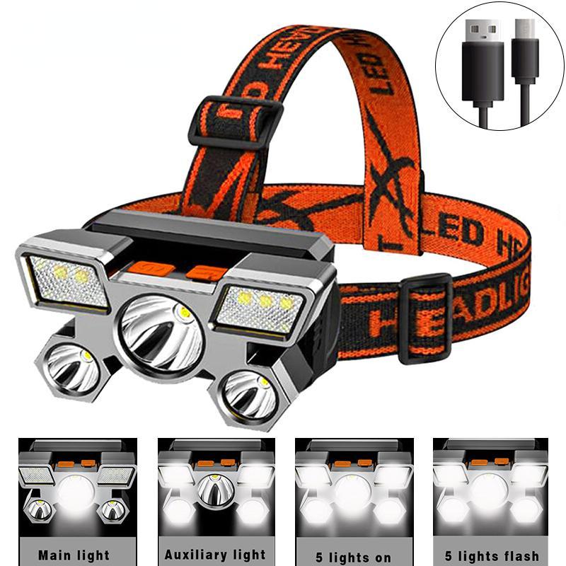 Senter Kepala 5 LED Camping P-501 Super Terang USB Rechangeable Waterproof Anti Air 45W Cahaya Putih - Gambar 3
