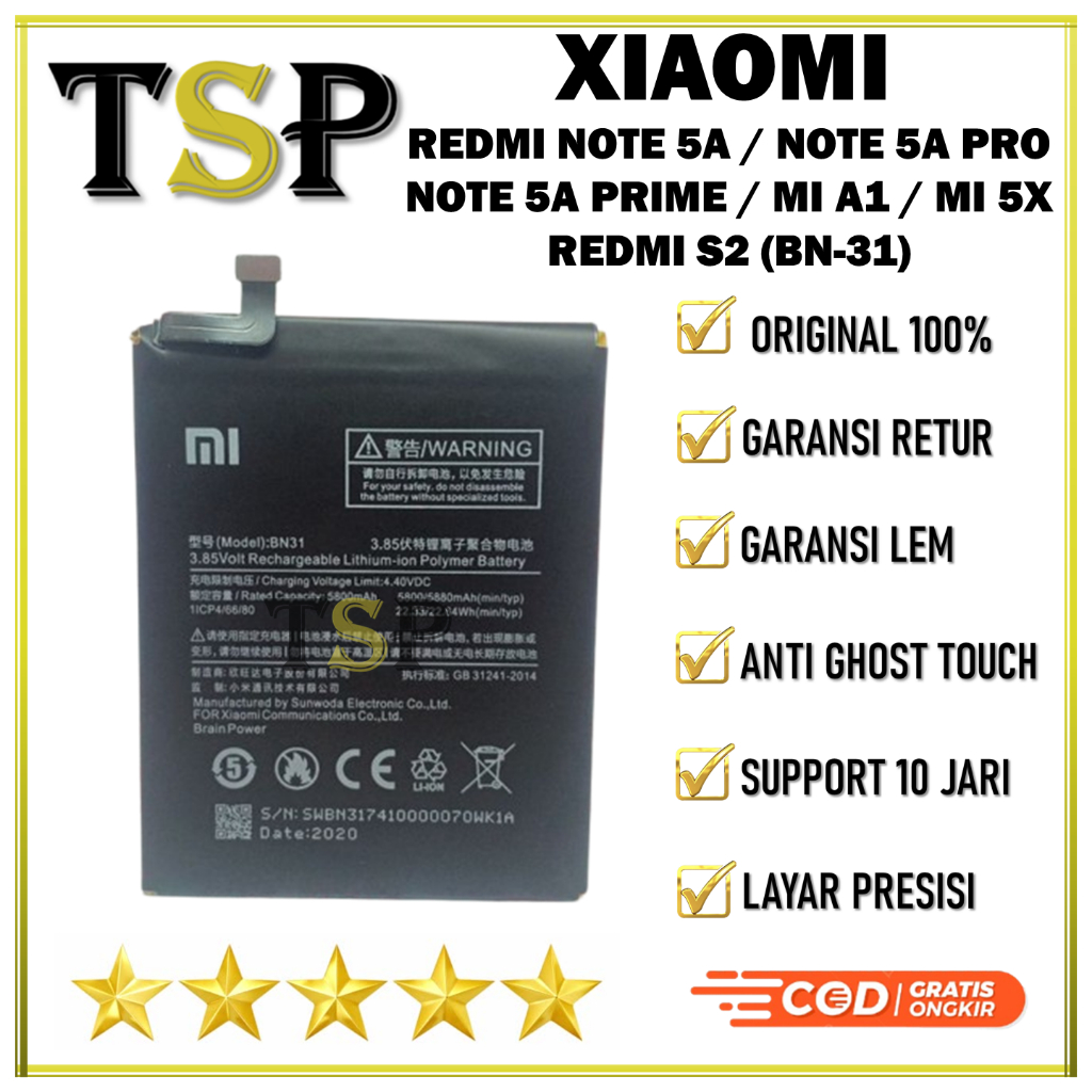 BATERAI XIAOMI BN-31 Redmi NOTE 5A / NOTE 5A PRO / NOTE 5A PRIME / MI A1 / MI 5X / REDMI S2 Batre Batrai Baterai ORIGINAL 100%