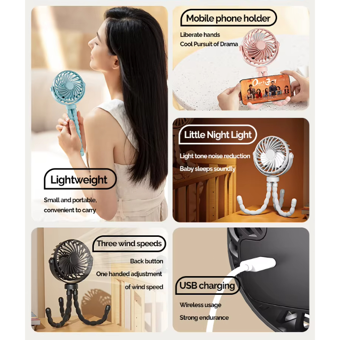 【BIG.ST88】Kipas Angin Mini Gurita 360° Stroller Bayi Portable Air Cooler Fan USB Tripod Rotating 3 Speed Wind - Gambar 3