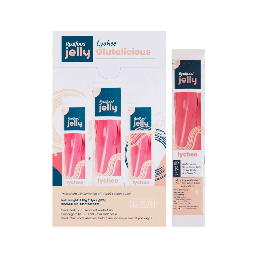 BUY 12 GET 12 Realfood Jelly Lychee Glutalicious / Jelly Brightening / Beauty Jelly / Glowing Skin / Kulit Cerah / Lychee / Glutathione / Hyaluronic Acid / Vitamin C / Vitamin E / Dark Spot / Noda Gelap / Kulit Kusam / Daily Beauty Snack - Gambar 2
