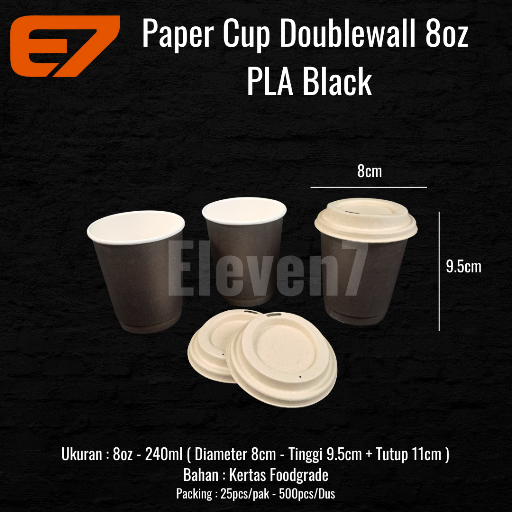 Paper Hot Cup Premium PLA Double Wall 8oz Black & Bagasse Lid Natural ...