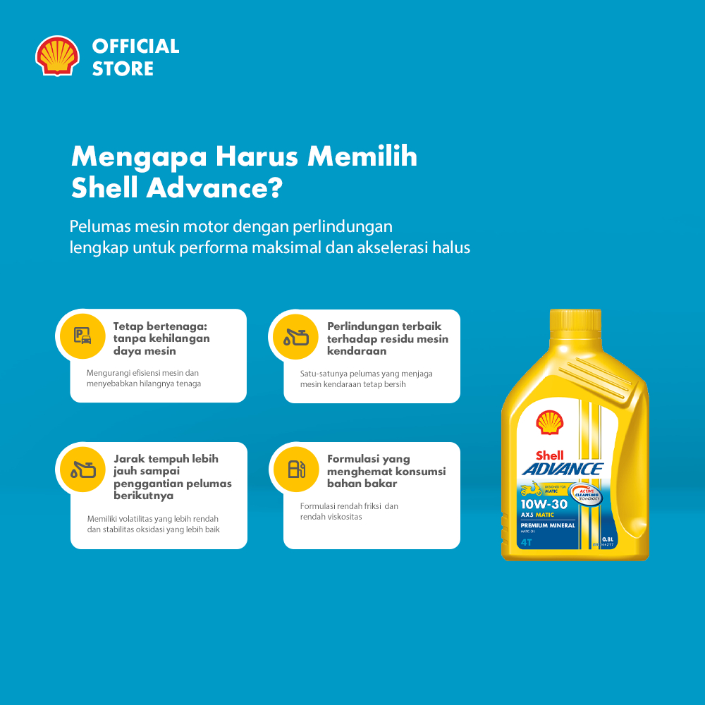 Oli Motor Shell Advance AX5 Scooter 10W-30 (0.8L) – Premium Mineral Pelumas Mesin Motor Matic Harian Lebih Bersih & Stabil - Gambar 2