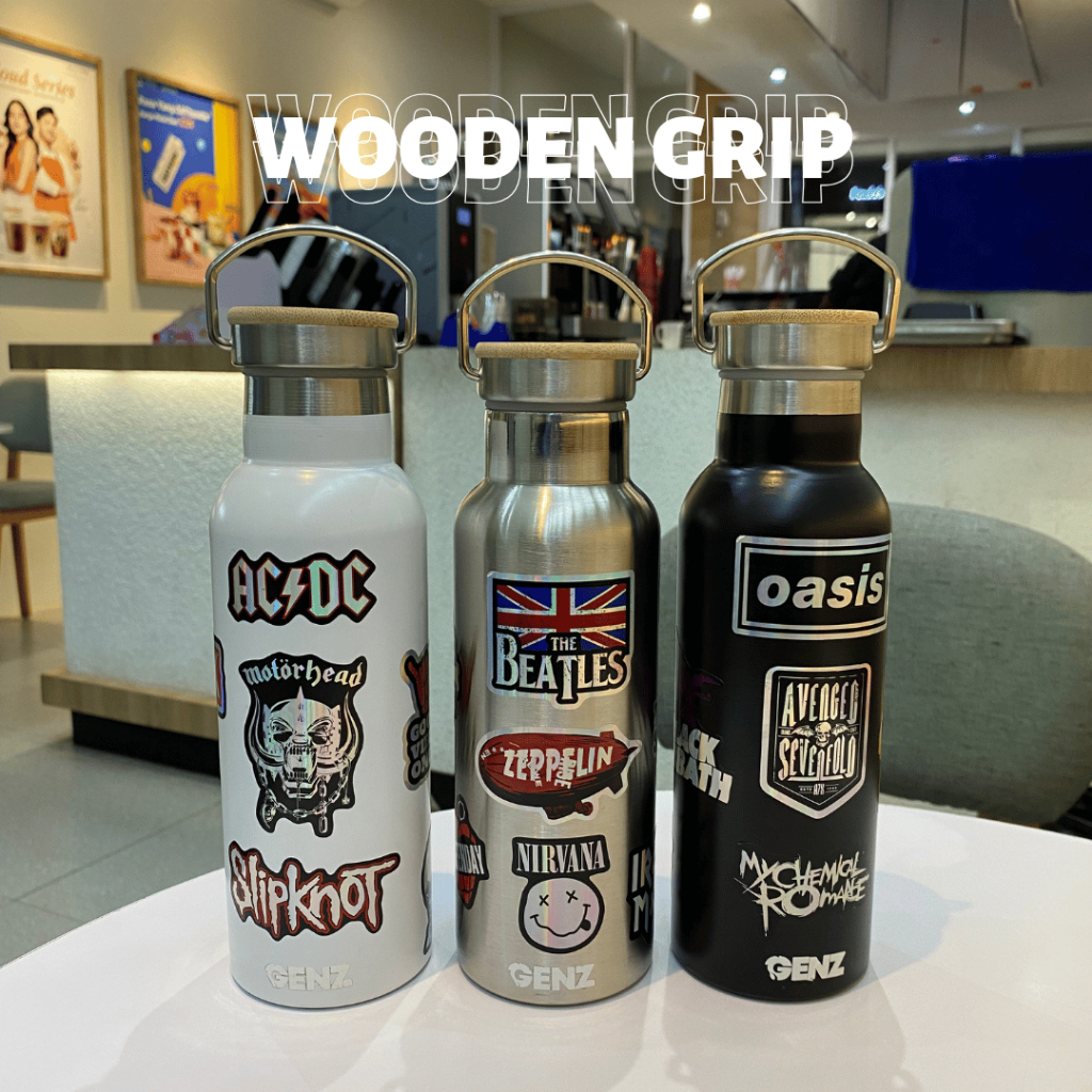 TUMBLER WOODEN GRIP Genz Vacuum Insulated Tutup Bambu Tumbler Stainless Steel 500ml Aesthetic Band foto 2