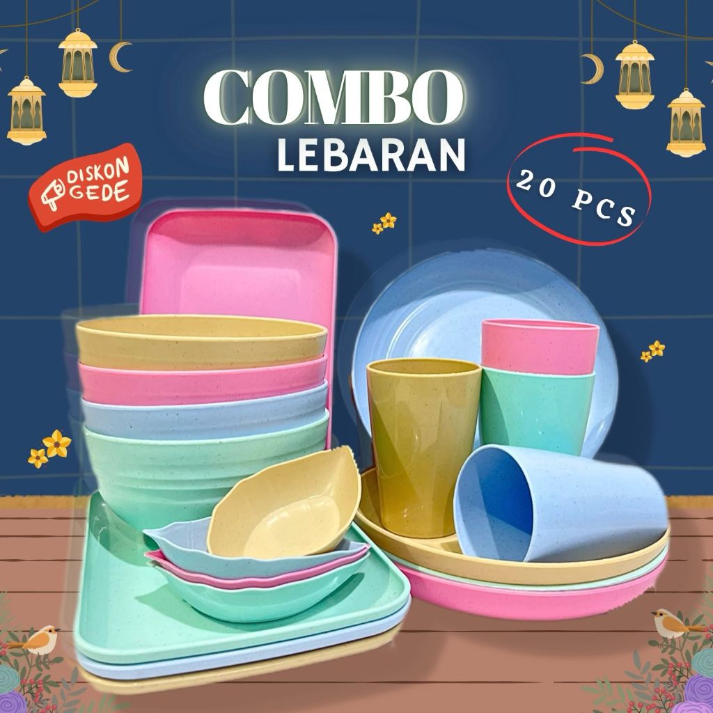 Dreamyhouse SET 20 PCS PIRING MANGKUK GELAS MANGKOK SAMBAL JERAMI PAKET ALAT MAKAN MINUM LENGKAP