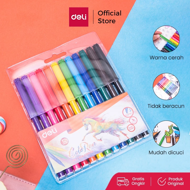 Deli Spidol Warna - Felt Pen dapat dicuci 1.0mm 12 Warna EC10003