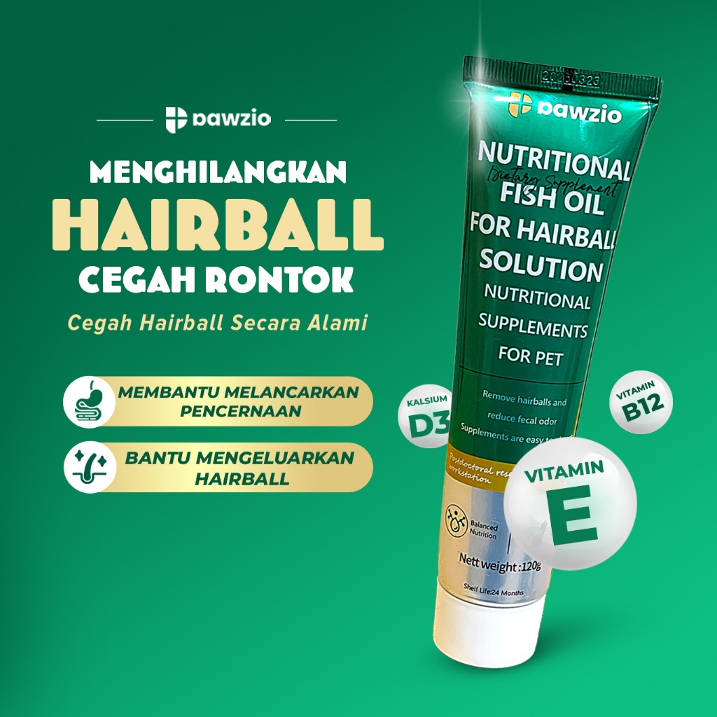 PAWZIO Suplemen-Gel Nutrisi Untuk Masalah Hairball pada kucing Dengan Nutrisi Minyak Ikan 120 Gr