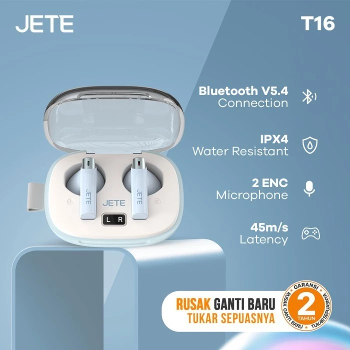 TWS Gaming JETE T16 Bluetooth Earbuds Low Latency 45m/s IPX4 2 ENC - Garansi 2 Tahun