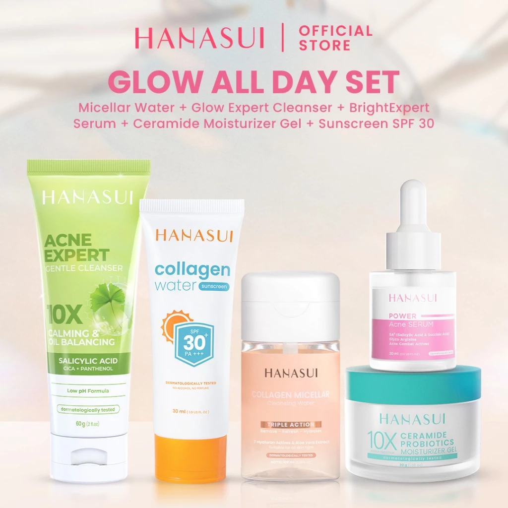 Hanasui Glow All Day Set - Micellar Cleansing Water Glow Acne Expert Gentle Cleanser Bright Expert Serum Sunscreen SPF 50 & 30 Moisturizer Gel Membersihkan Menyegarkan dan Menghidrasi Mencerahkan Kulit - Gambar 4
