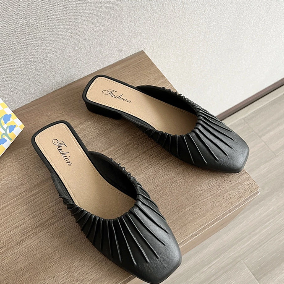 VEBLEN OFFICIAL Sandal Mules Selop Wanita Gaya Korea Style Model Kerut Gelombang Mewah Kekinian - Gambar 4