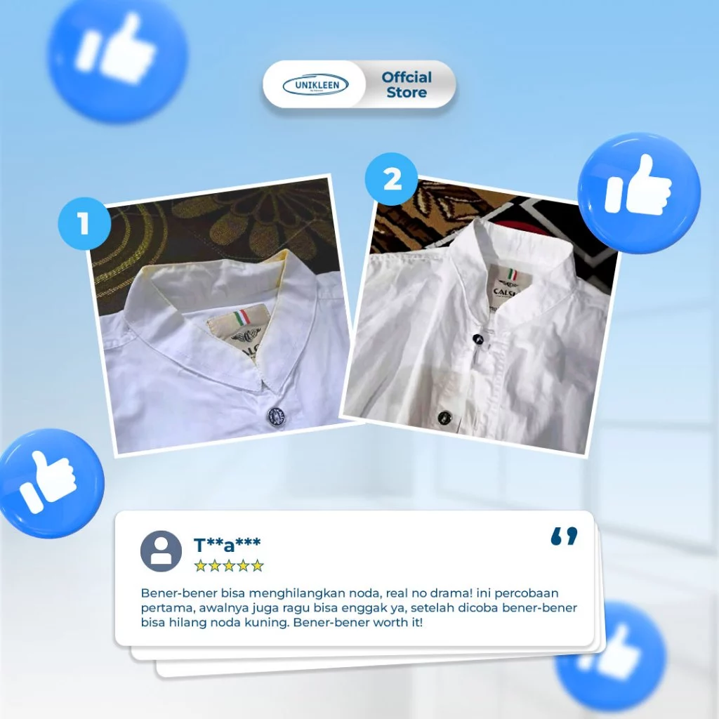UNIKLEEN / pembersih noda baju membandel / cloth stain remover / jamur pakain / noda membandel / noda kuning / kelunturan / pemutih pakaian putih ampuh / kerah baju / noda menahun / noda membandel / jamur pakaian / jamur baju / serbuk ajaib - Gambar 4