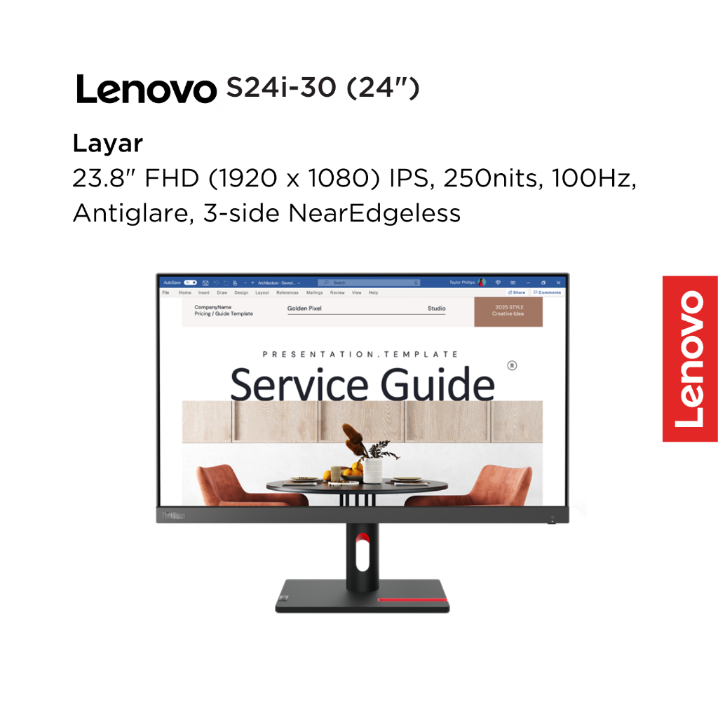 Lenovo Monitor ThinkVision S24i-30 63DEKAR3WW Raven Black 23.8" FHD IPS 250nits 100Hz 99% sRGB Antiglare WLED Backlight Tilt VESA HDMI Cable Garansi Resmi 3 Tahun Pick-up & Repair S24i 24inch NearEdgeless - Gambar 2