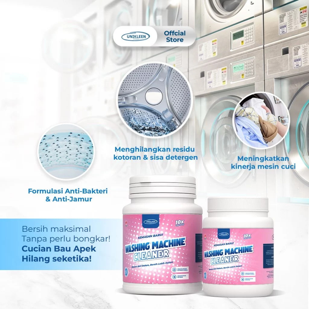 UNIKLEEN By Adreena - pembersih mesin cuci/washing machine Cleaner 200gr/bubuk pembersih mesin cuci / serbuk ajaib / bubuk mesin cuci / tablet pembersih / deterjen mesin cuci / pembersih mesin cuci 1 tabung bukaan atas/pembersih mesin cuci 2 tabung - Gambar 2