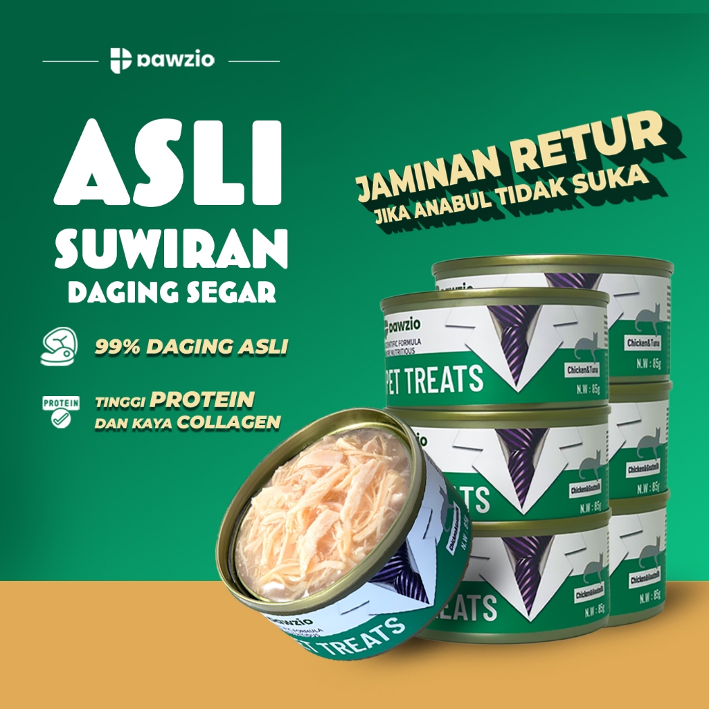 PAWZIO WETFOOD Dengan suwiran daging dada ayam asli, potongan ikan tuna,salmon, ikan kod asli, dan susu kambing. 3 VARIAN 85 GR KALENG ~ MAKANAN BASAH KUCING