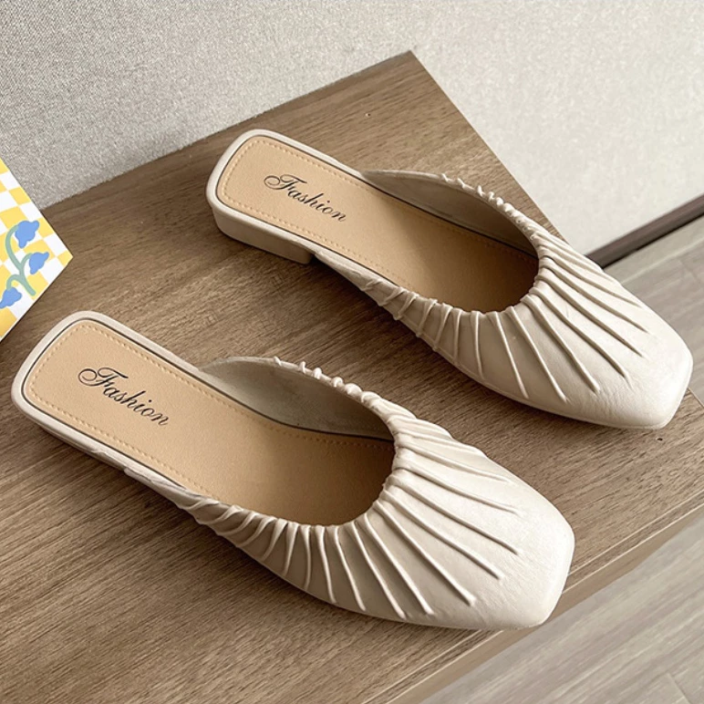 VEBLEN OFFICIAL Sandal Mules Selop Wanita Gaya Korea Style Model Kerut Gelombang Mewah Kekinian - Gambar 2