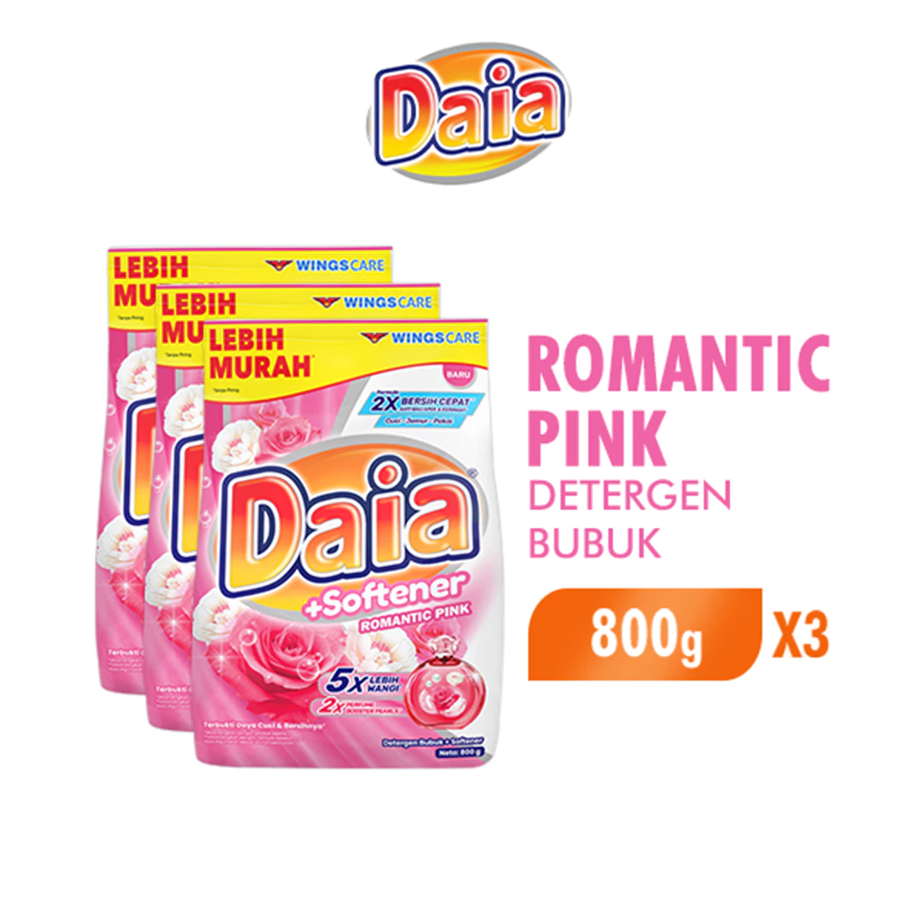Daia Detergen Bubuk + Softener Romantic Pink 800 g x3