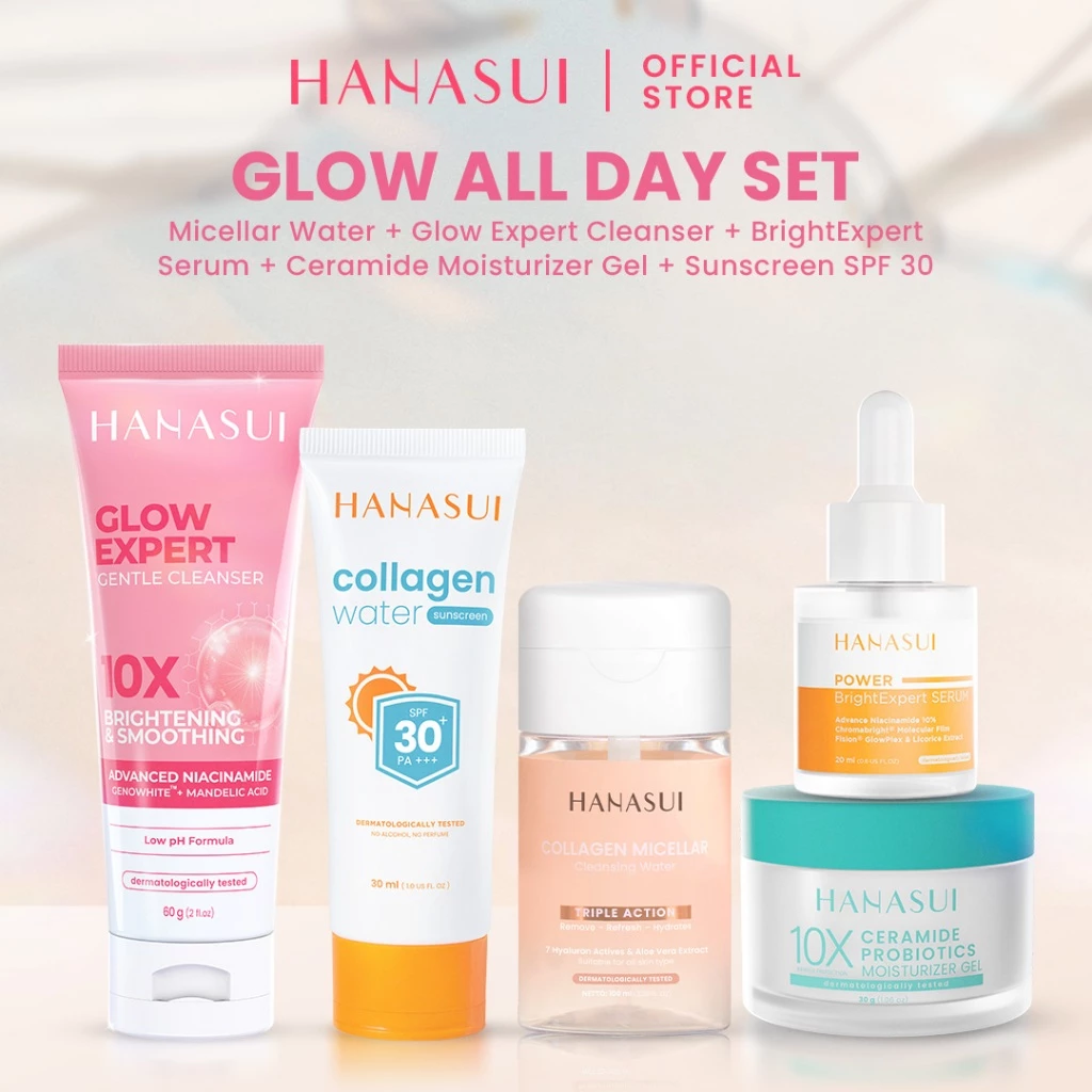 Hanasui Glow All Day Set - Micellar Cleansing Water Glow Acne Expert Gentle Cleanser Bright Expert Serum Sunscreen SPF 50 & 30 Moisturizer Gel Membersihkan Menyegarkan dan Menghidrasi Mencerahkan Kulit - Gambar 3