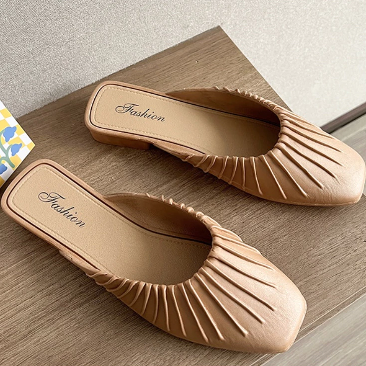 VEBLEN OFFICIAL Sandal Mules Selop Wanita Gaya Korea Style Model Kerut Gelombang Mewah Kekinian - Gambar 3