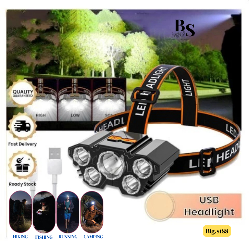 Senter Kepala L-T21 Led Jarak Jauh Anti Air Senter Led Super Terang Senter Headlamp Headlamp 5 Led USB Rechargeable