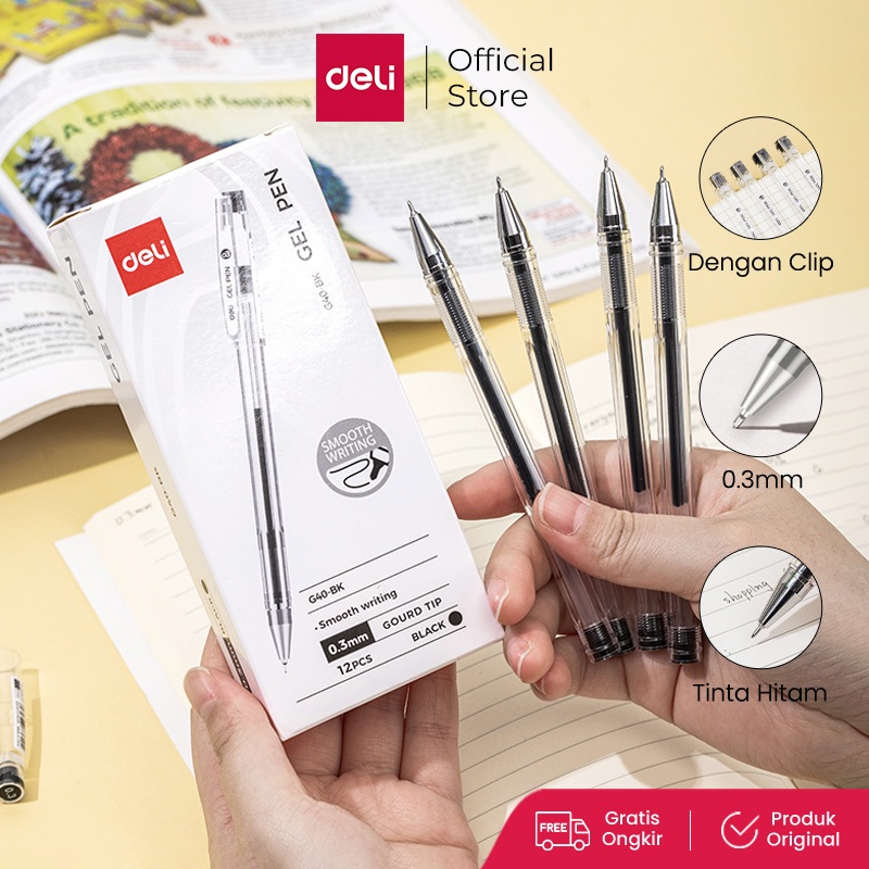 Deli Gel Pen / Pulpen Gel 0.3 mm Tinta Hitam Isi 1 pcs Penulisan Halus Hi-tech EG40