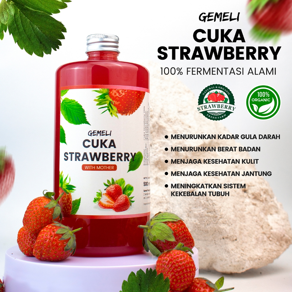 Gemeli Cuka Strawberry Original With Mother 500ml - Kaya Probiotik & Enzim