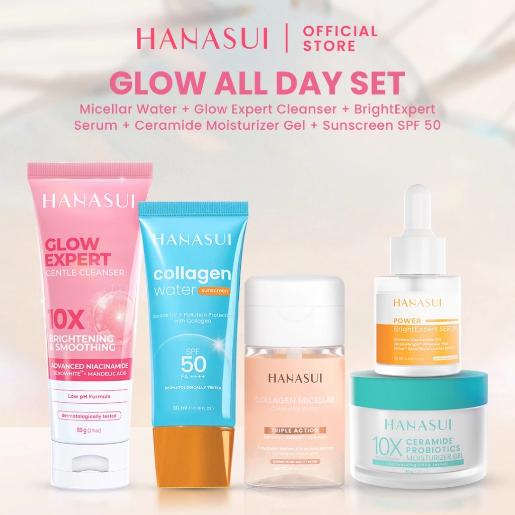 Hanasui Glow All Day Set - Micellar Cleansing Water Glow Acne Expert Gentle Cleanser Bright Expert Serum Sunscreen SPF 50 & 30 Moisturizer Gel Membersihkan Menyegarkan dan Menghidrasi Mencerahkan Kulit - Gambar 2