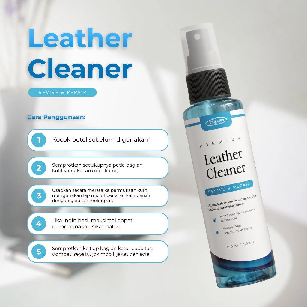 Pembersih dan Perawatan Bahan Jenis Kulit 100 ml premium membersihkan tas kulit, sepatu, jaket, sofa by unikleen pembersih pengkilap bahan kulit - Gambar 3