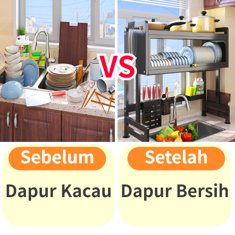 COD Rak Dapur Rak Piring Stainless Steel Multi-Fungsi Dengan Penutup Dengan Aksesoris Dish Drainer - Gambar 2
