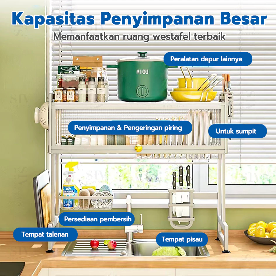 COD Rak Dapur Rak Piring Stainless Steel Multi-Fungsi Dengan Penutup Dengan Aksesoris Dish Drainer - Gambar 3