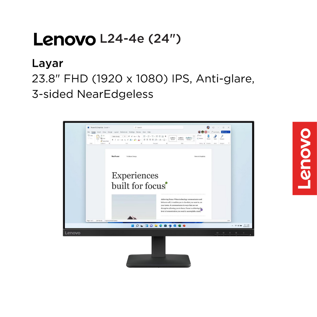 Lenovo Monitor L24-4e 68C2KAC1WW Raven Black 23.8" FHD IPS 250nits 48Hz-100Hz 99% sRGB Antiglare VESA 3-sided NearEdgeless WLED Backlight Tilt DP HDMI Cable L24 24inch Garansi Resmi 3 Tahun Pick-up & Repair - Gambar 2