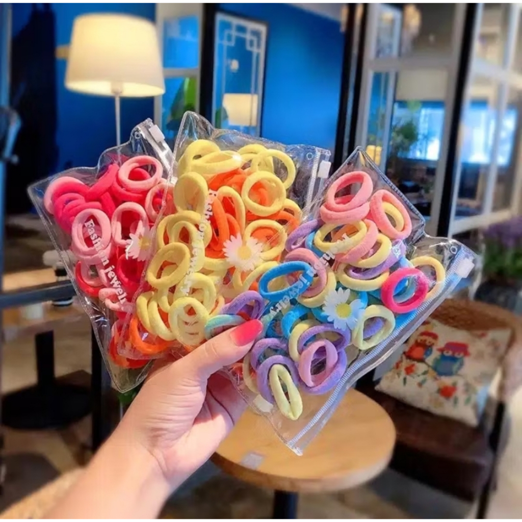 50PCS Ikat Rambut Donat Free Pouch Kunciran Karet Elastis Aksesoris Scrunchie Kuncir Hair Style Korea A110 - Gambar 3