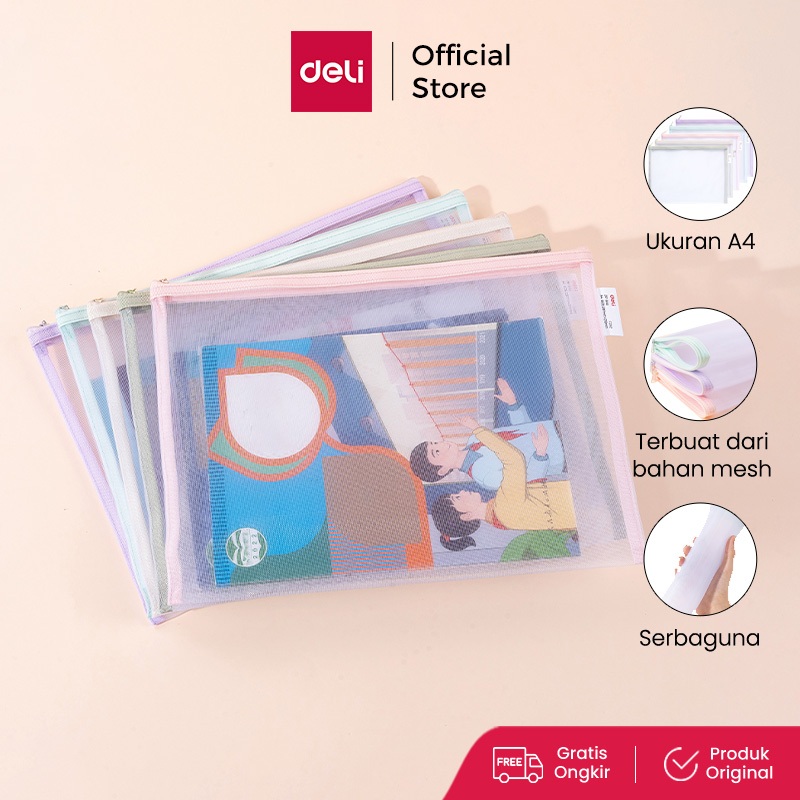 Deli Zip Bag Document Bag Pouch Transparan Serbaguna A4 Polyester Mesh Warna Pastel EF28X