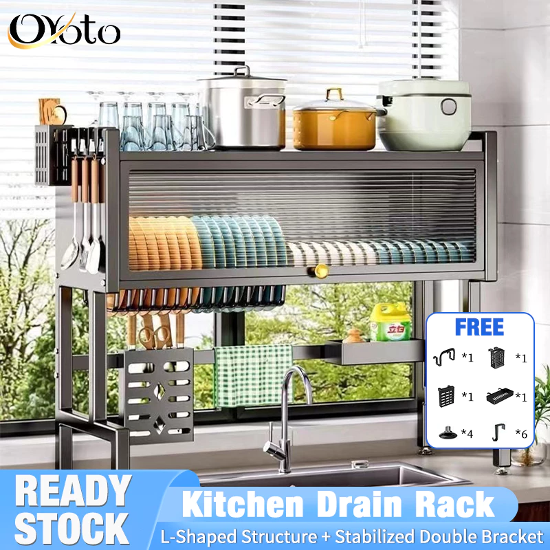 COD Rak Dapur Rak Piring Stainless Steel Multi-Fungsi Dengan Penutup Dengan Aksesoris Dish Drainer